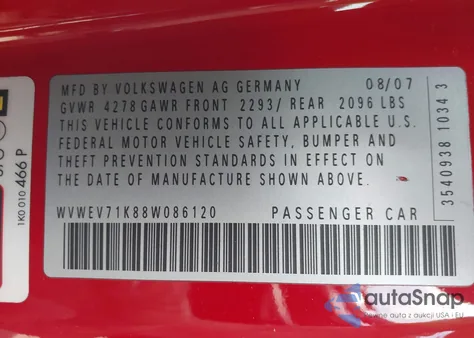 2008 Volkswagen Gti 2-Door from USA, damaged, VIN WVWEV71K88W086120